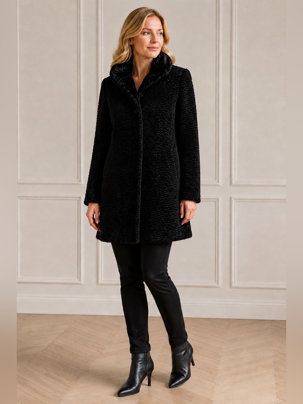 Women’s White House Black Market Persian Lamb Faux Fur Car Jacket Black XS